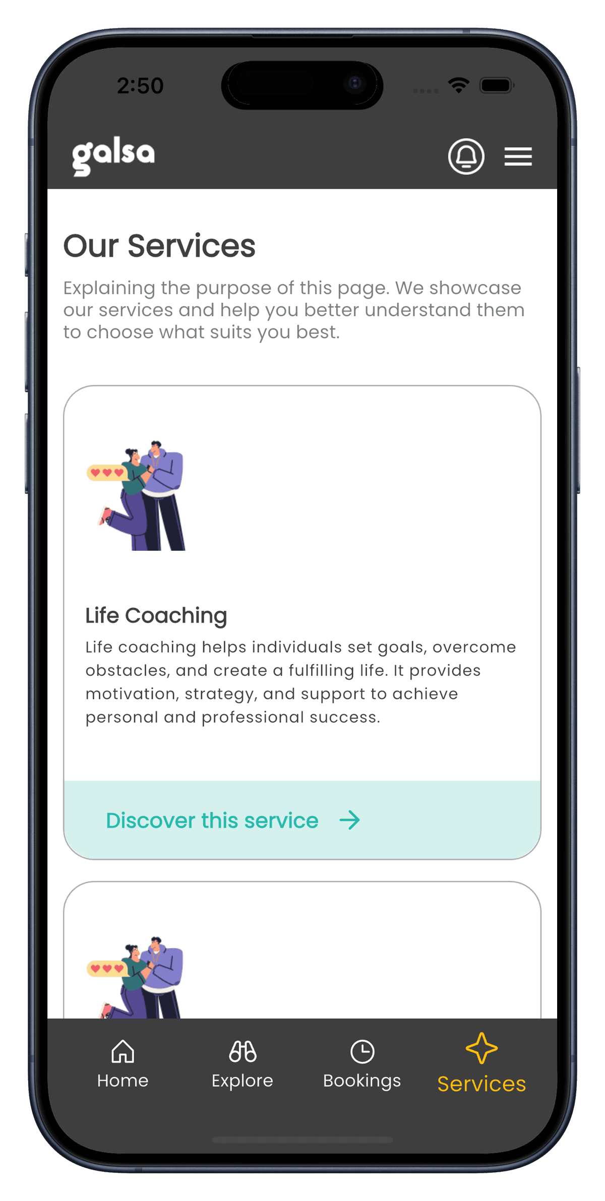Galsa mobile app mockup